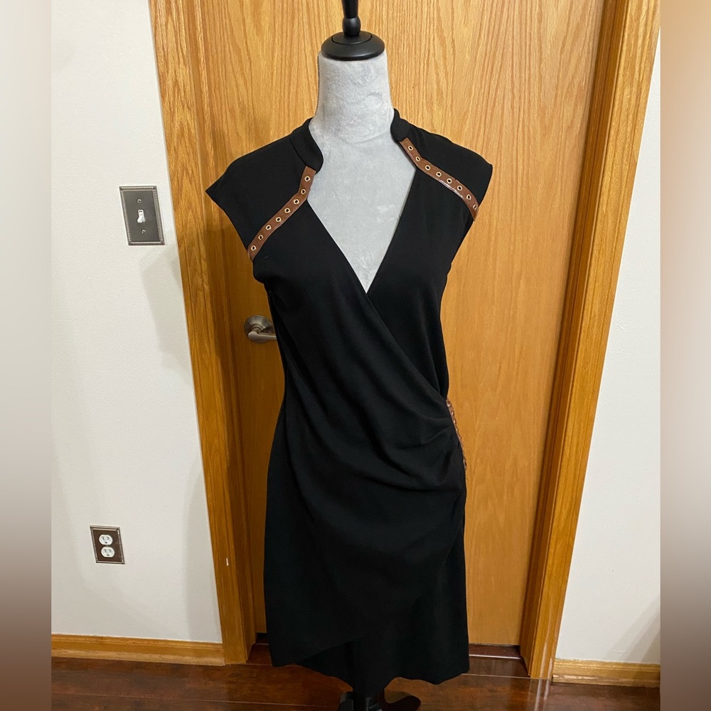 Cache Women’s Black Dress With Faux Brown Leather Embellishments Size 12